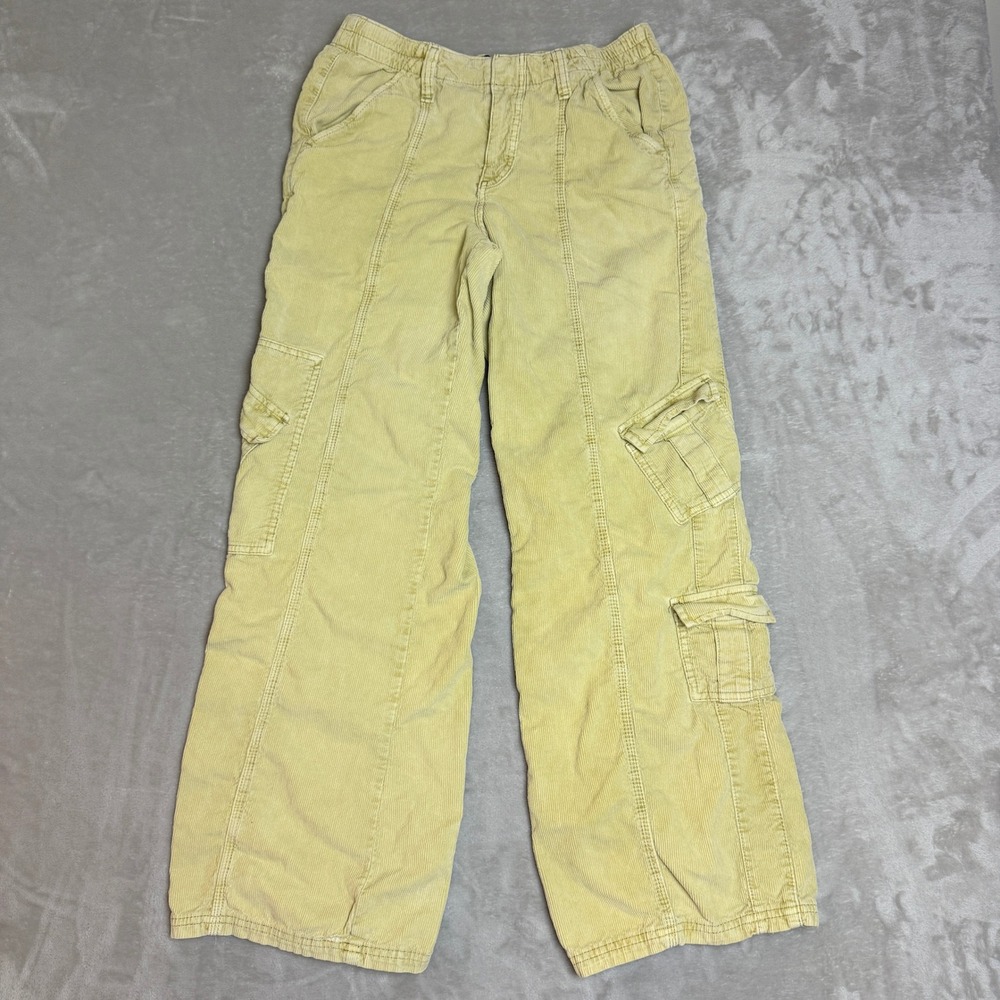 BDG Y2K Wide Leg Cargo Pants Women M Muted Yellow Corduroy Relaxed Fit Stretch